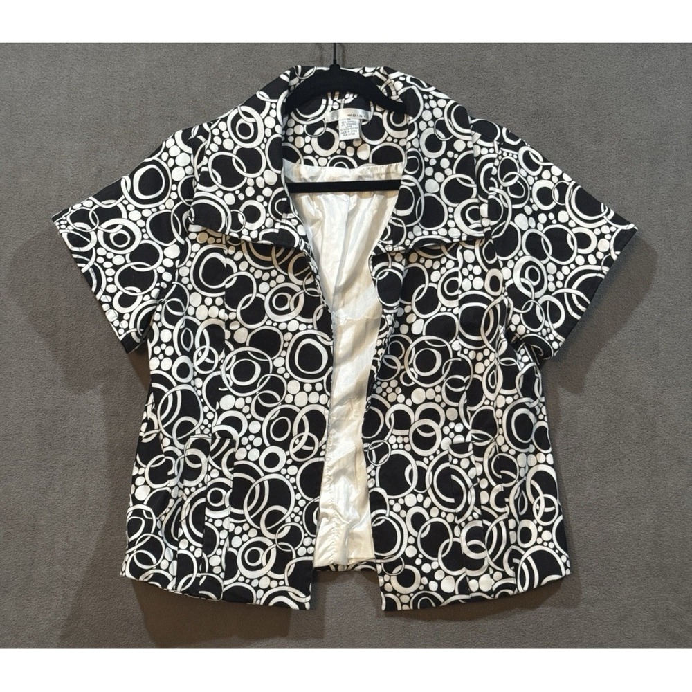 WD NY Womens Black White Geometric Circle Print Short Sleeve Open Jacket Size 14